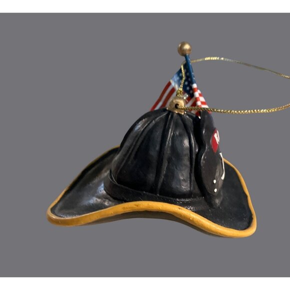 Firefighter Helmet Ornament With American Flag FD 1 Design Black & Yellow Resin - Picture 2 of 11